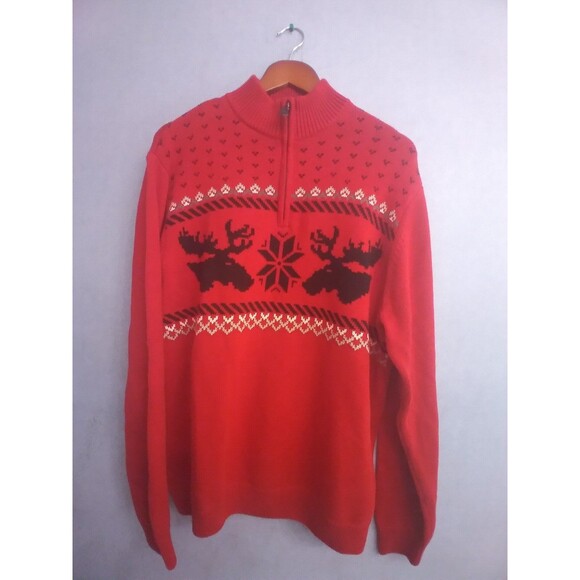 Chaps Quarter Zip Sweater Moose Fair Isle‎ Pullover Red Knit Sweater - Picture 3 of 6